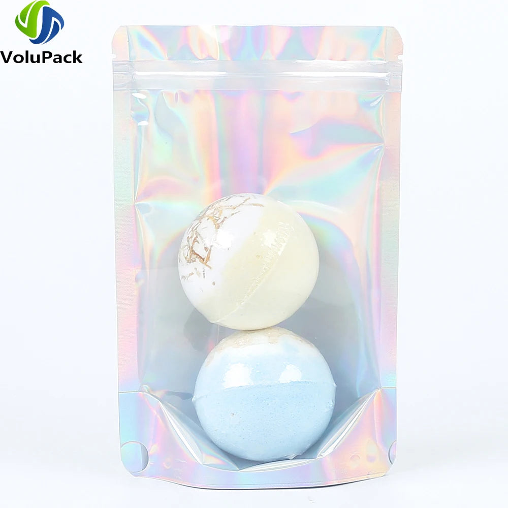 100PCS Smell Proof Plastic Package Ziplock Bags Clear Front Holographic Silver  Pouches Recyclable Metallic Mylar Storage Bags