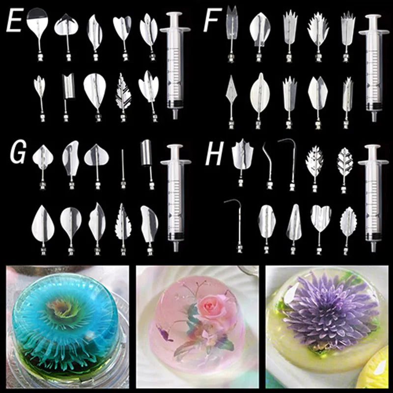 14 style 3D Gelatin Cake  Mold Jelly Art Pudding Flowers Stainless Steel Nozzle Syringe  Needle Kit Cake Decorating Tools