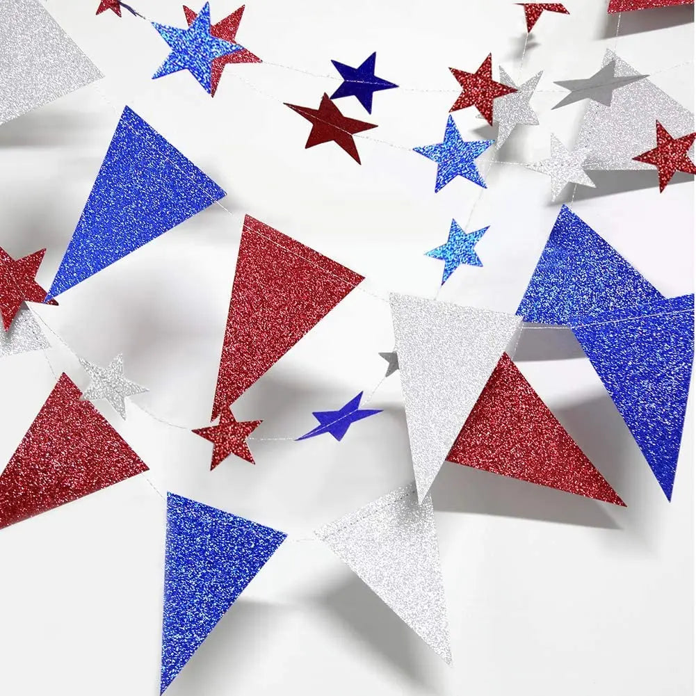 Fourth of July Glitter Star Garland – Red, Blue, Silver & White Triangle Banner for Independence Day Decor