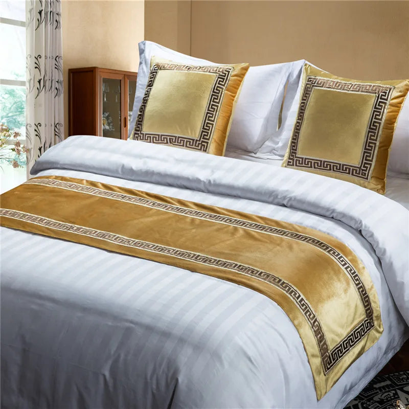 High-grade Pure Color Embroidery Bed Runners New Chinese Style Velvet Throw Runners Golden Red Bed Flag Covers Pillowcases