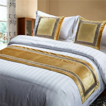 High-grade Pure Color Embroidery Bed Runners New Chinese Style Velvet Throw Runners Golden Red Bed Flag Covers Pillowcases