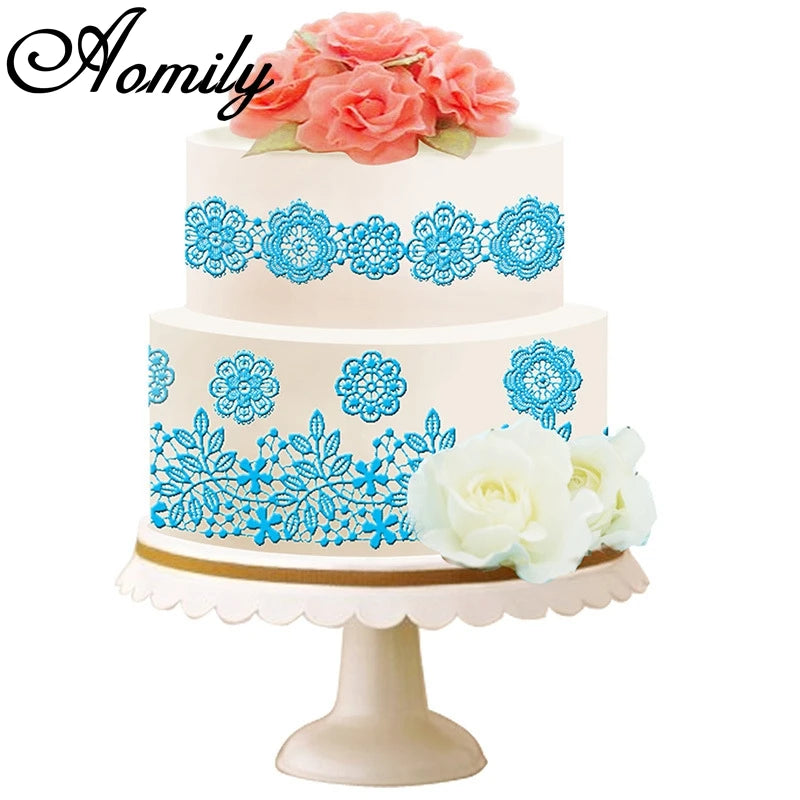Aomily 40x12.7cm Lace Flower Wedding Cake Silicone Beautiful Flower Lace Fondant Mold Mousse Sugar Craft Icing Mat Pastry Tool