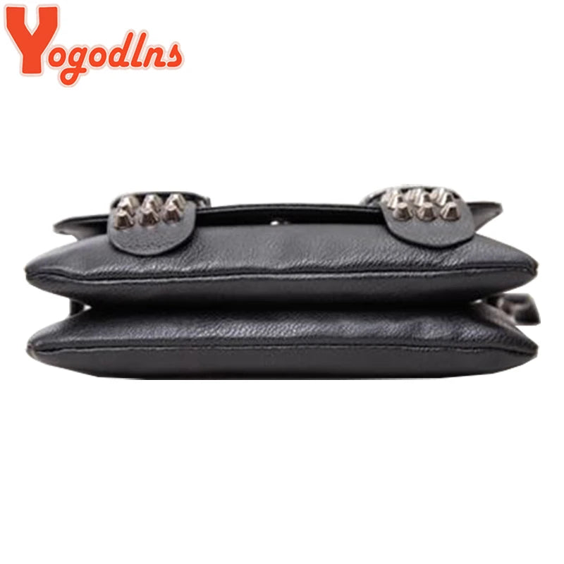 Black Leather Messenger Fashion Vintage Messenger Cool Skull Rivets Shoulder Bag