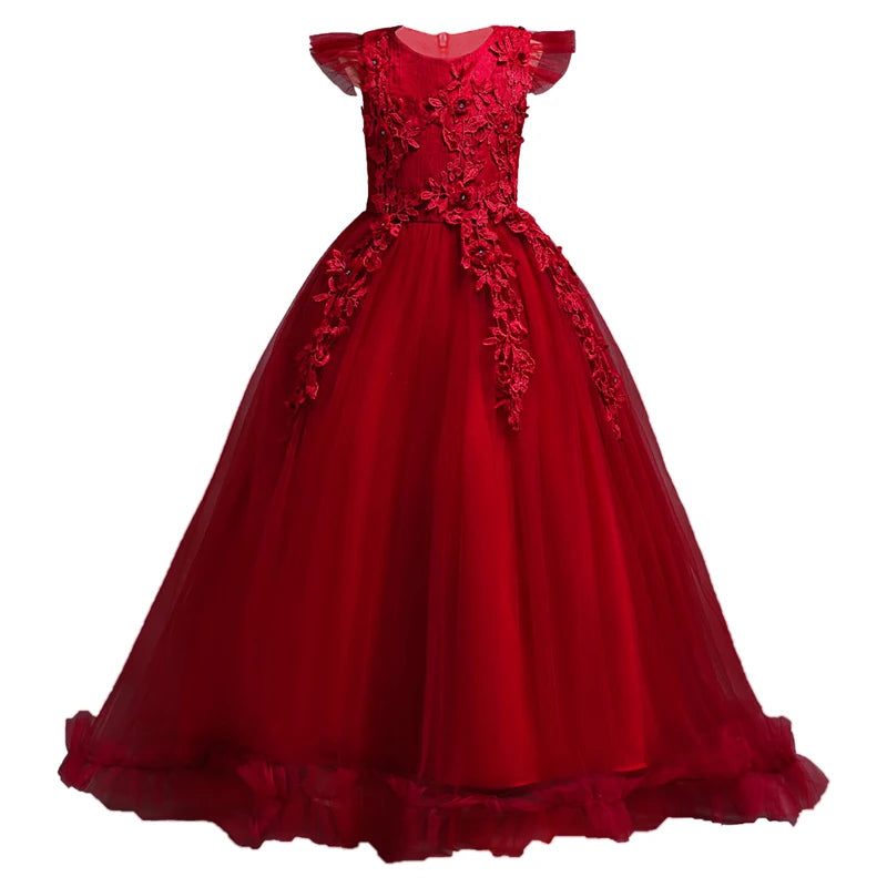 Girls' Princess Formal Dress: Flower Lace Sleeveless Long Dress, Ideal for Weddings and Costumes (Ages 4-15)