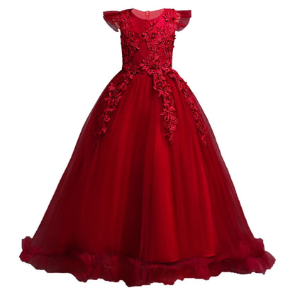 Girls' Princess Formal Dress: Flower Lace Sleeveless Long Dress, Ideal for Weddings and Costumes (Ages 4-15)