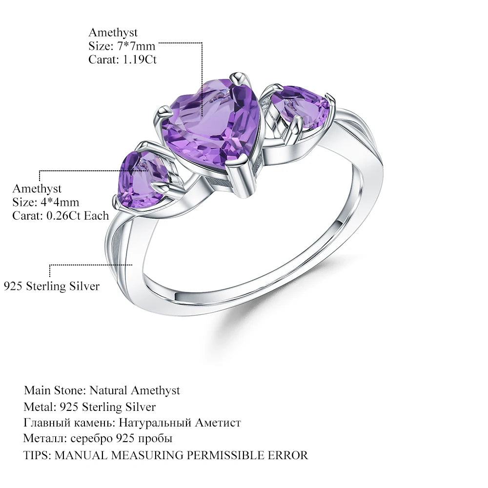 GEM'S BALLET 925 Sterling Silver February Birthstone Ring 1.71Ct Natural Amethyst Heart Rings For Women Valentine's Day Jewelry