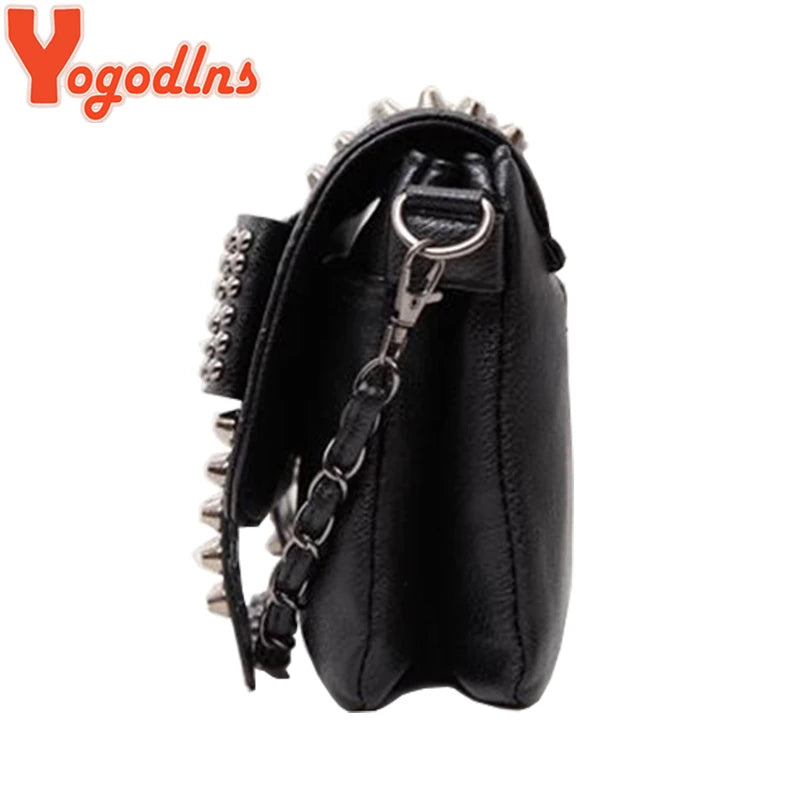 Black Leather Messenger Fashion Vintage Messenger Cool Skull Rivets Shoulder Bag
