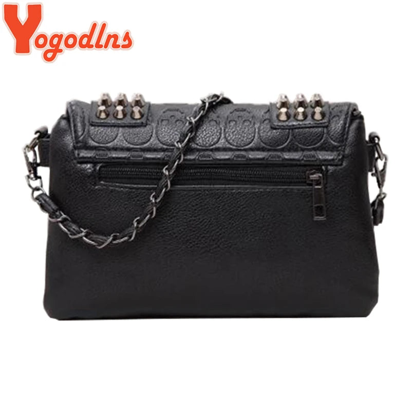 Black Leather Messenger Fashion Vintage Messenger Cool Skull Rivets Shoulder Bag
