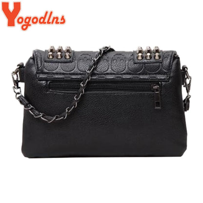 Black Leather Messenger Fashion Vintage Messenger Cool Skull Rivets Shoulder Bag