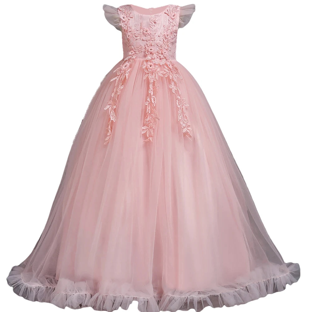 Girls' Princess Formal Dress: Flower Lace Sleeveless Long Dress, Ideal for Weddings and Costumes (Ages 4-15)