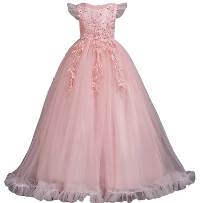 Girls' Princess Formal Dress: Flower Lace Sleeveless Long Dress, Ideal for Weddings and Costumes (Ages 4-15)