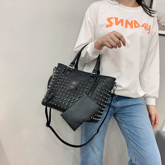 2Pcs Women's Black Crossbody Bag Pu Leather Fashion For Female Tote Cool Skull Rivets Bucket Shoulder Handbags With Purse