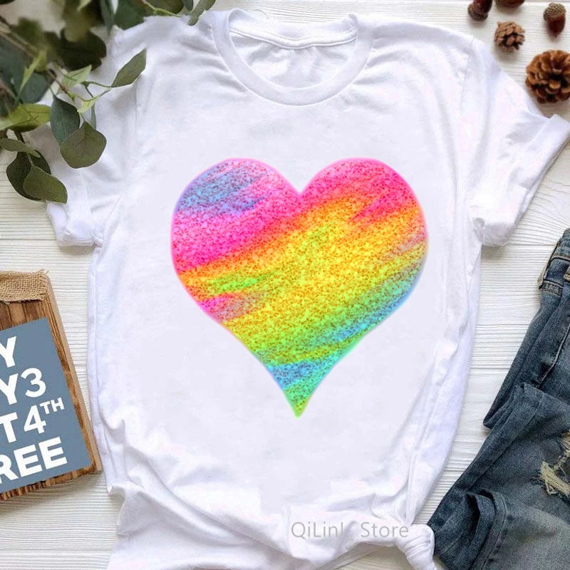 Rainbow Heart Print Lgbt T Shirt Summer Top Female T-Shirt Cute Girl Tumblr Clothes Tee Shirt Femme Streetwerar 90s 00s Tshirt
