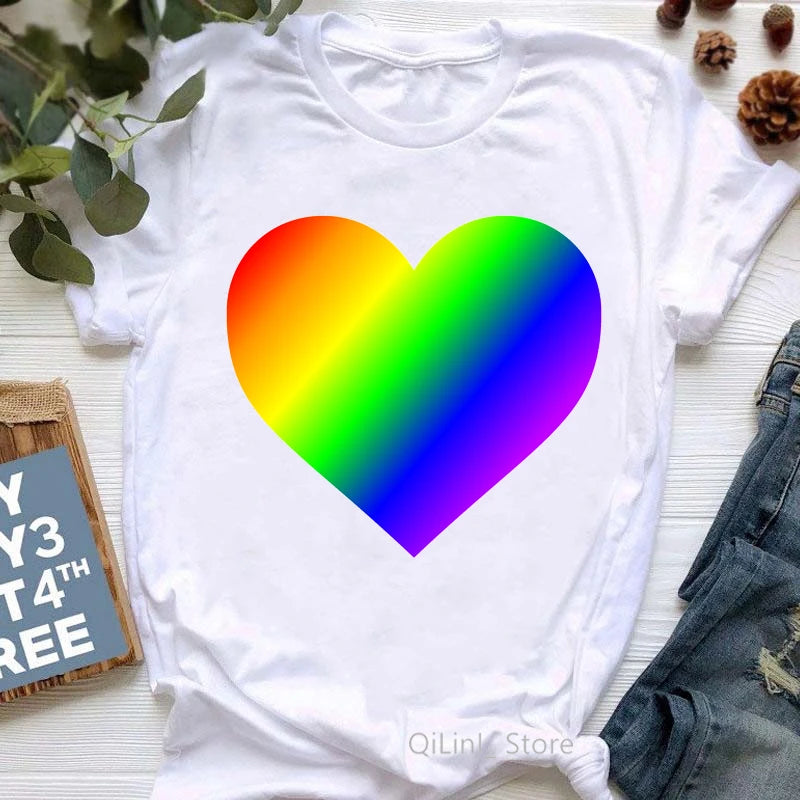 Rainbow Heart Print Lgbt T Shirt Summer Top Female T-Shirt Cute Girl Tumblr Clothes Tee Shirt Femme Streetwerar 90s 00s Tshirt