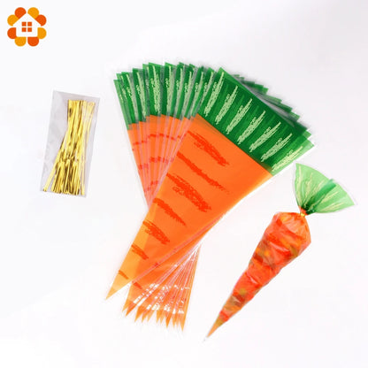 20PCS Kids Birthday Party Decoration Easter Carrot Candy Bag Easter Rabbit Gift Bag Candy Cones Transprant Plastic Bag