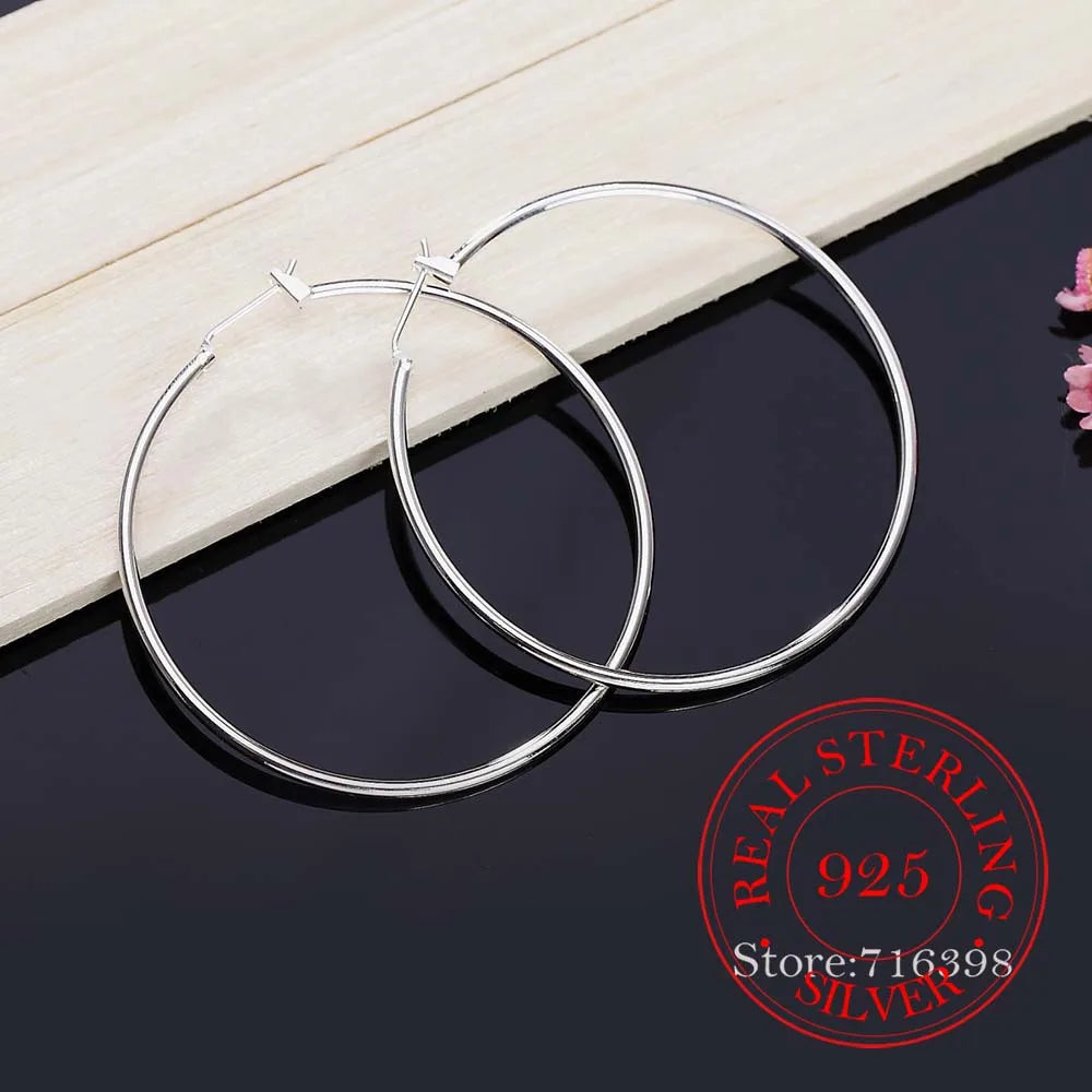 100% 925 Sterling Silver Hoop Earrings – Korean Smooth Big Circle Vintage Style for Women, Party & Wedding Jewelry Gift