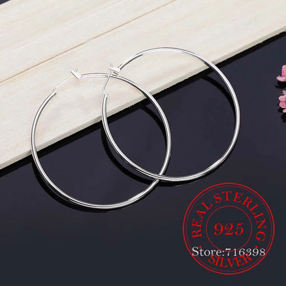 100% 925 Sterling Silver Hoop Earrings – Korean Smooth Big Circle Vintage Style for Women, Party & Wedding Jewelry Gift