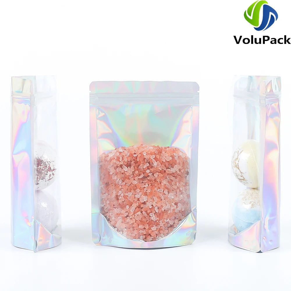 100PCS Smell Proof Plastic Package Ziplock Bags Clear Front Holographic Silver  Pouches Recyclable Metallic Mylar Storage Bags