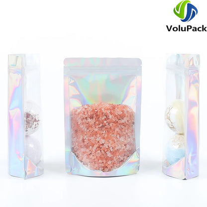 100PCS Smell Proof Plastic Package Ziplock Bags Clear Front Holographic Silver  Pouches Recyclable Metallic Mylar Storage Bags