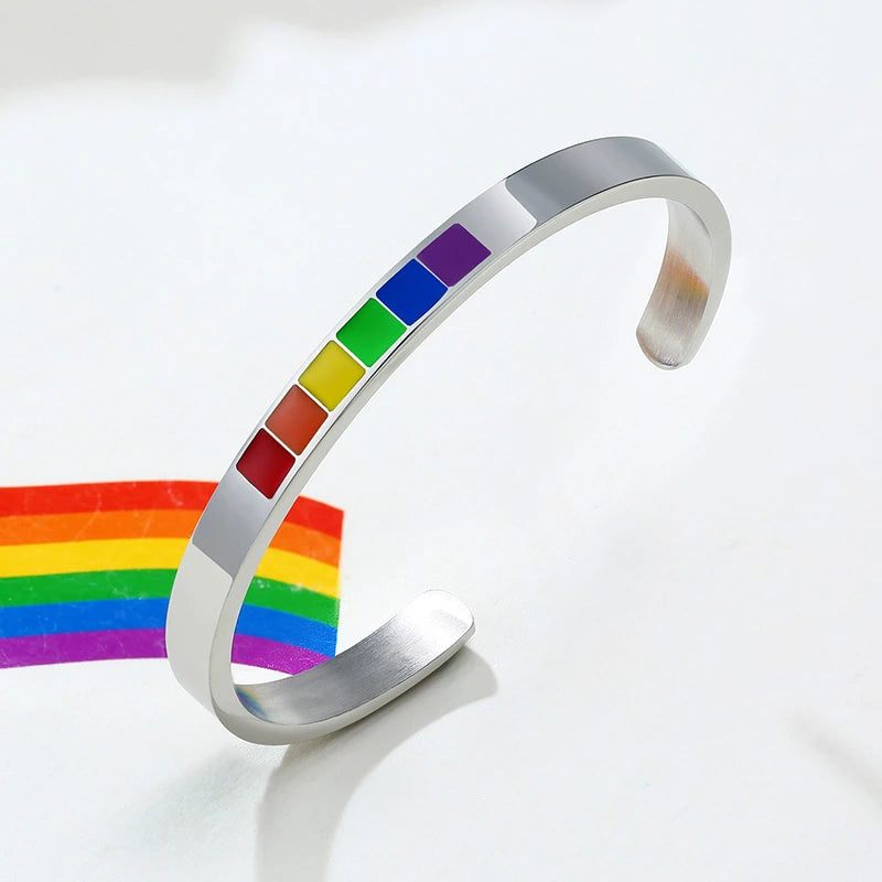 Vnox Stylish Rainbow Color Cuff Bangle Bracelets for Men Women Jewelry Stainless Steel Pink LGBT Pride Gifts Accessory