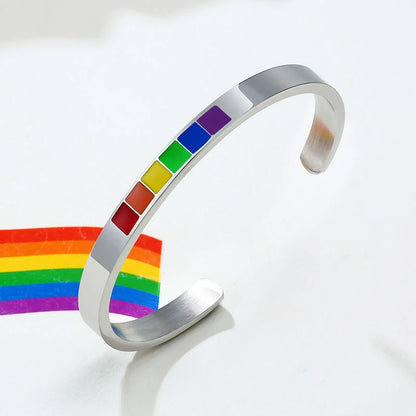 Vnox Stylish Rainbow Color Cuff Bangle Bracelets for Men Women Jewelry Stainless Steel Pink LGBT Pride Gifts Accessory