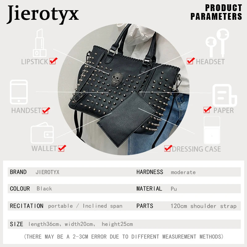 Women’s Leather Crossbody Bag – Skull Rivet Gothic Style, Large Capacity