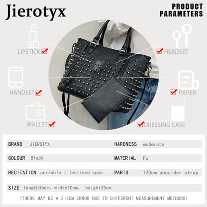 Women’s Leather Crossbody Bag – Skull Rivet Gothic Style, Large Capacity