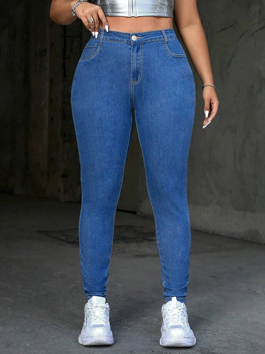 Women's Mid-Waist Stretch Ripped Jeans Solid Color Casual Summer Skinny Denim Button Decoration Plus Size Fashionable Design