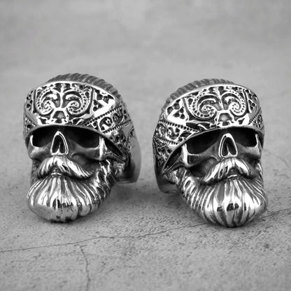 Big Beard Hippie Skull Ring – Stainless Steel Punk Biker Jewelry for Men, Cool Hip‑Hop Style Gift