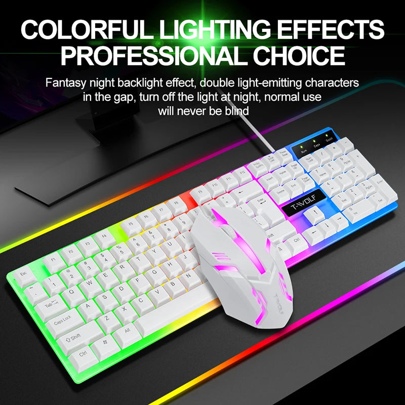 T-WOLF TF230 White Black Wired Gaming Keyboard Mouse Set 104 Keys Gaming Mouse Keyboard for Office Work Computer Accessories