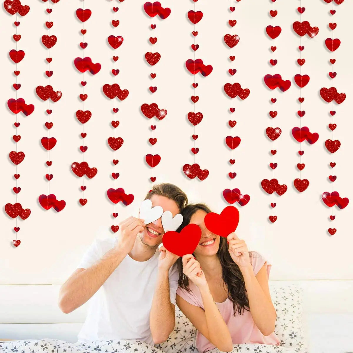 Bridal Shower Red Heart Garlands Double Sided Paper Hanging Streamers For Mother's Day Wedding Bachelorette Party Decorations