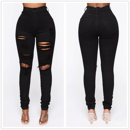 Women Fashion High Waist Denim Ripped Slim Stretch Jeans XS-XL