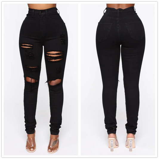 Women Fashion High Waist Denim Ripped Slim Stretch Jeans XS-XL
