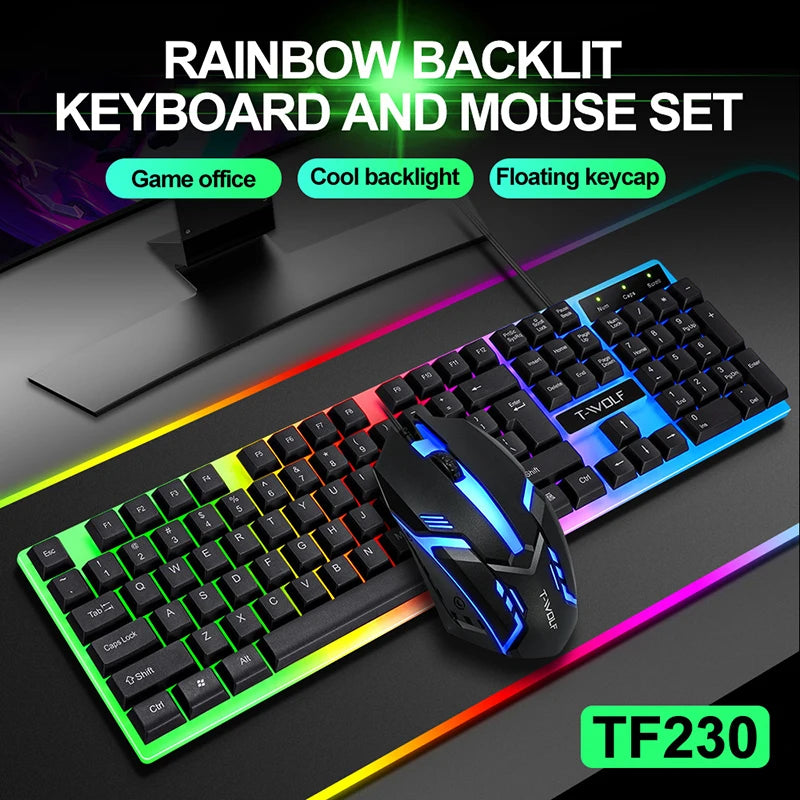 T-WOLF TF230 White Black Wired Gaming Keyboard Mouse Set 104 Keys Gaming Mouse Keyboard for Office Work Computer Accessories