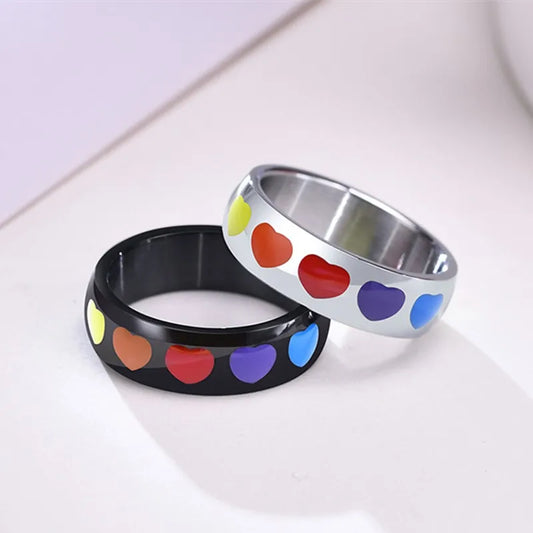 6mm Stainless Steel Rainbow Heart Eternity Ring – Enamel Unisex Wedding Band (Size 5–12)