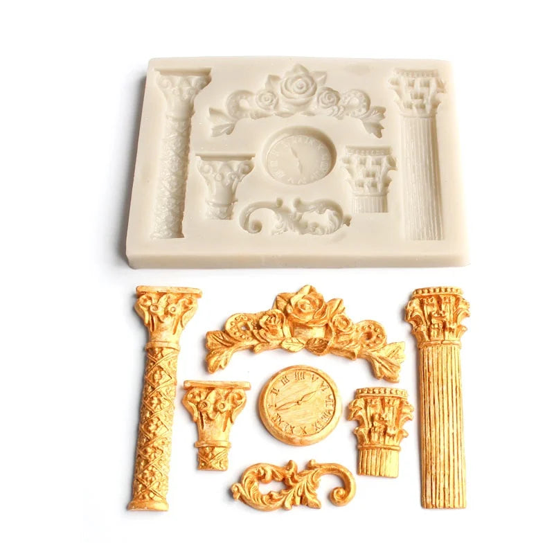 3D Roman Pillars Silicone Cake Mold Fondant Cake Decorating Tools Sugarcraft Clock Flower Chocolate Gumpaste Mold
