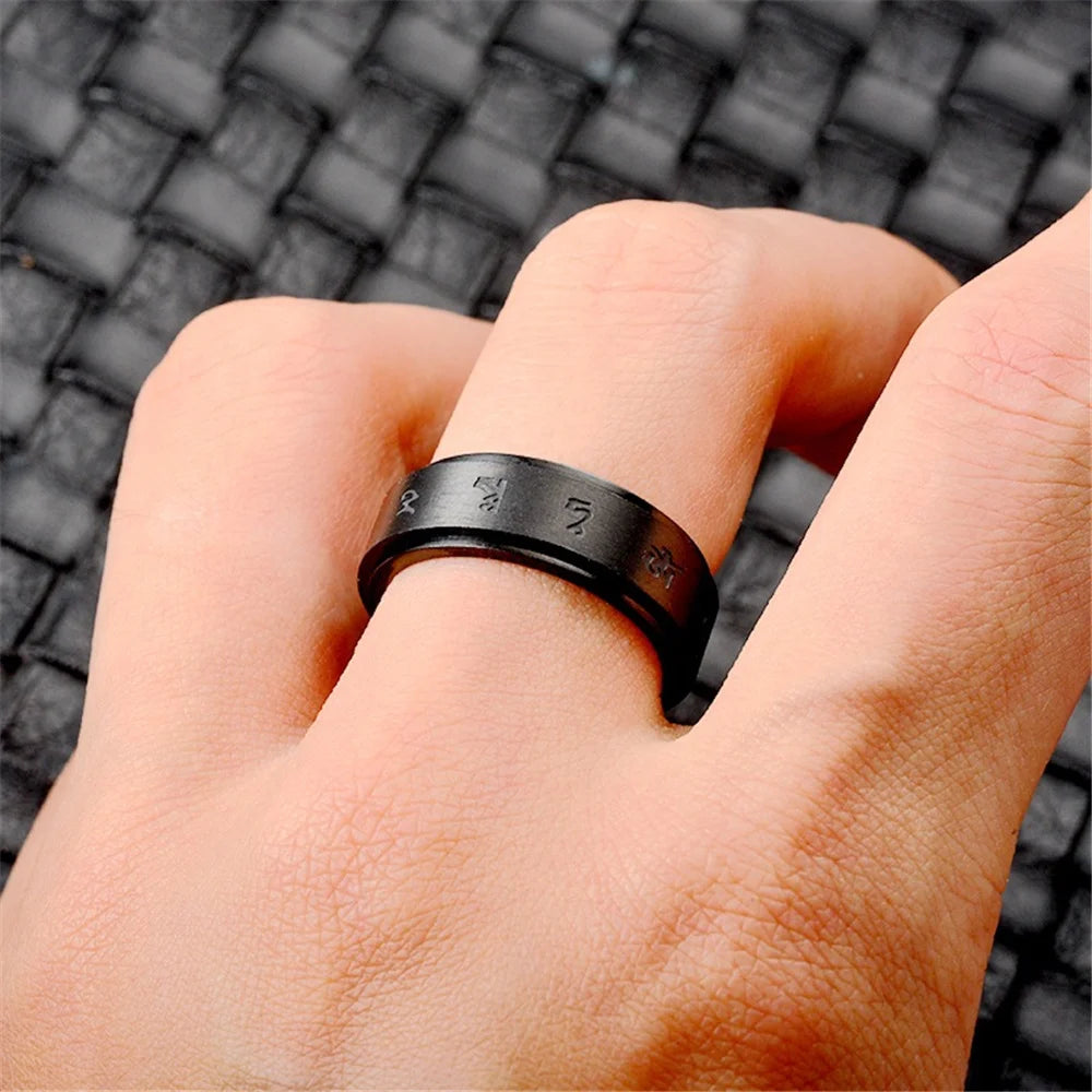 Anxiety Fidget Spinner Buddhism Mantra Rings 8mm Black Color Stainless Steel Spinning Rotating Ring for Men Women Jewelry Gift