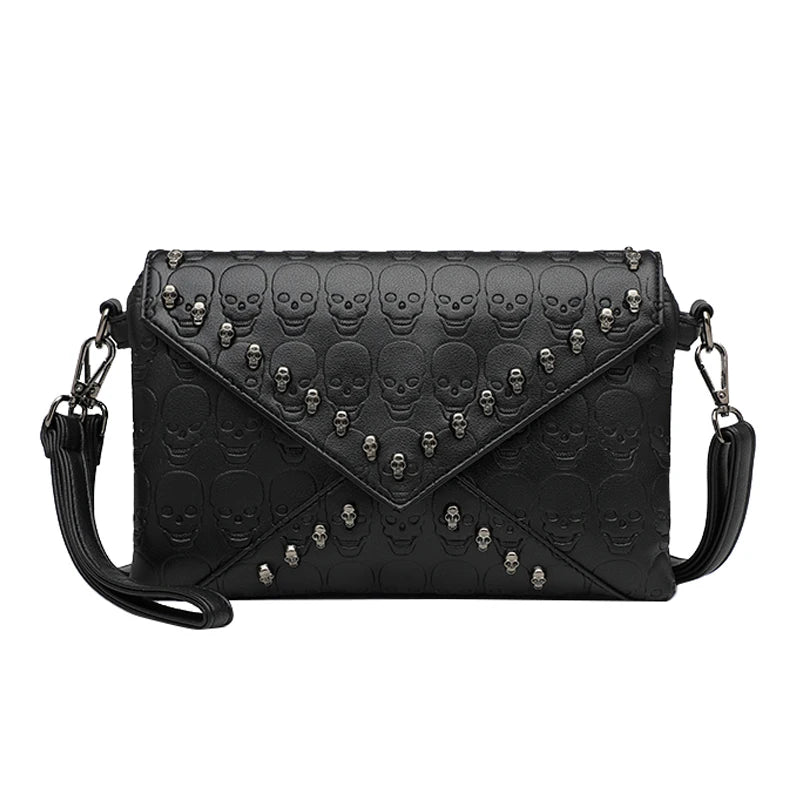 JIEROTYX Women's Fashion Tote Skull Prints And Skull-Shaped Rivets Messenger Travel Crossbody Femininas Black Punk Handbags