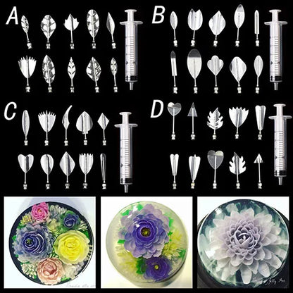 14 style 3D Gelatin Cake  Mold Jelly Art Pudding Flowers Stainless Steel Nozzle Syringe  Needle Kit Cake Decorating Tools