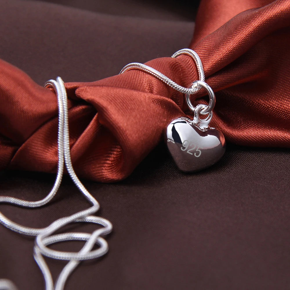Sterling Silver 925 Solid Small Heart Pendant Necklace 16-30 Inch Snake Chain For Women Wedding Charm Fashion Jewelry