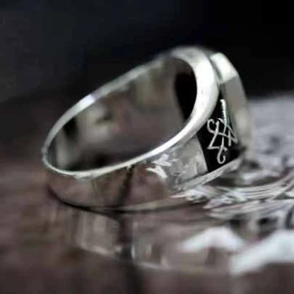 Vintage Lucifer Seal Signet Ring – Gothic Punk 316L Stainless Steel Black Stone