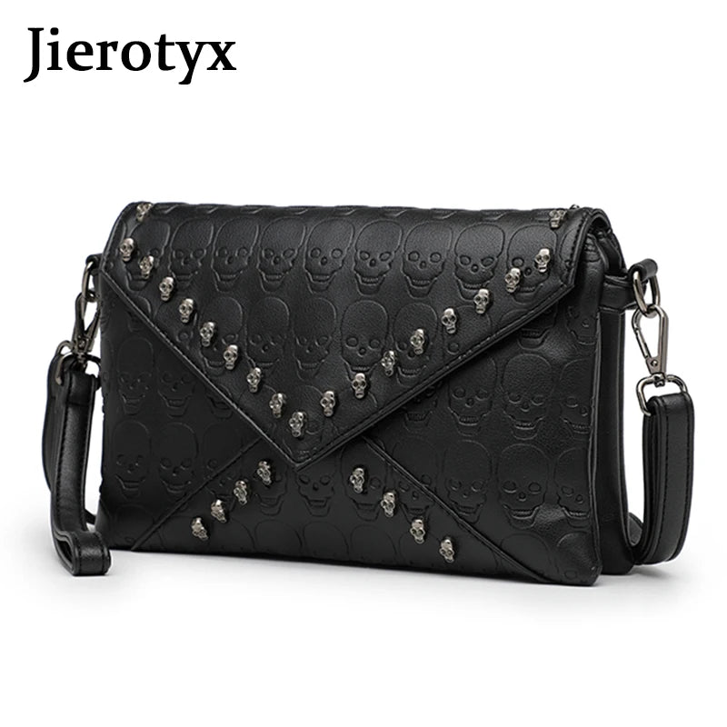 JIEROTYX Women's Fashion Tote Skull Prints And Skull-Shaped Rivets Messenger Travel Crossbody Femininas Black Punk Handbags