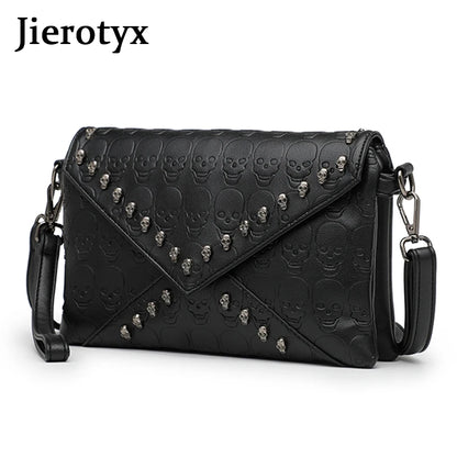 JIEROTYX Women's Fashion Tote Skull Prints And Skull-Shaped Rivets Messenger Travel Crossbody Femininas Black Punk Handbags
