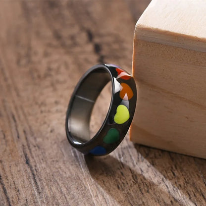 6mm Stainless Steel Rainbow Heart Eternity Ring – Enamel Unisex Wedding Band (Size 5–12)
