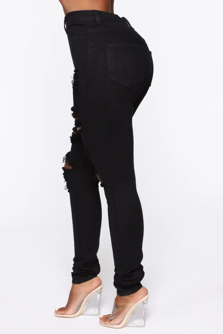 Women Fashion High Waist Denim Ripped Slim Stretch Jeans XS-XL