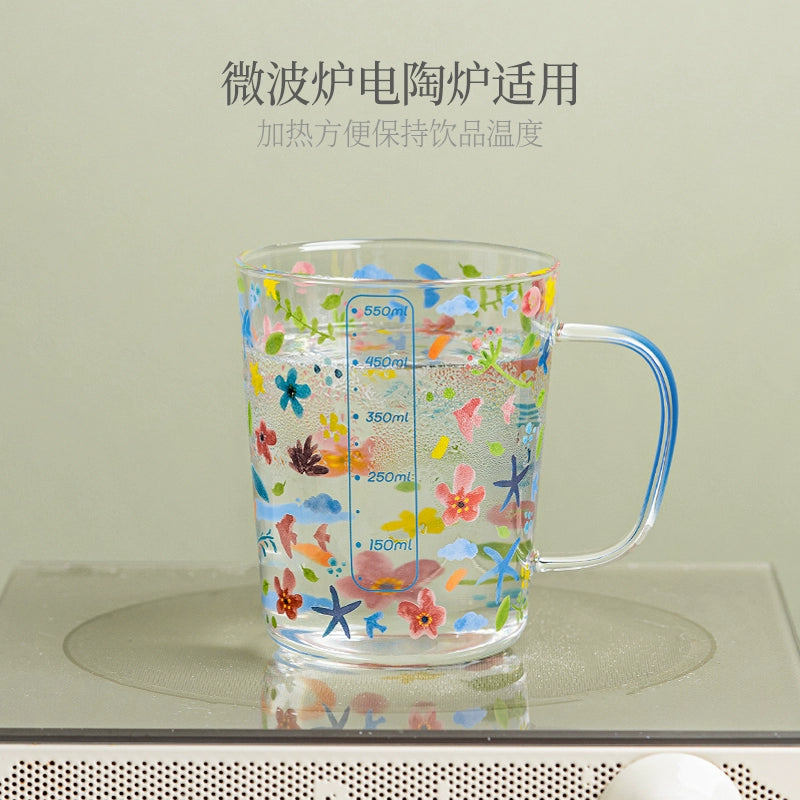 Xibiler Flowers and Plants with Handle Glass Cup with Scale High Temperature Resistant Household Coffee Cup Tea Cup Good-looking Breakfast Cup