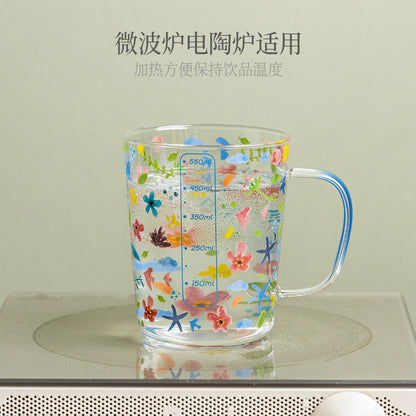 Xibiler Flowers and Plants with Handle Glass Cup with Scale High Temperature Resistant Household Coffee Cup Tea Cup Good-looking Breakfast Cup