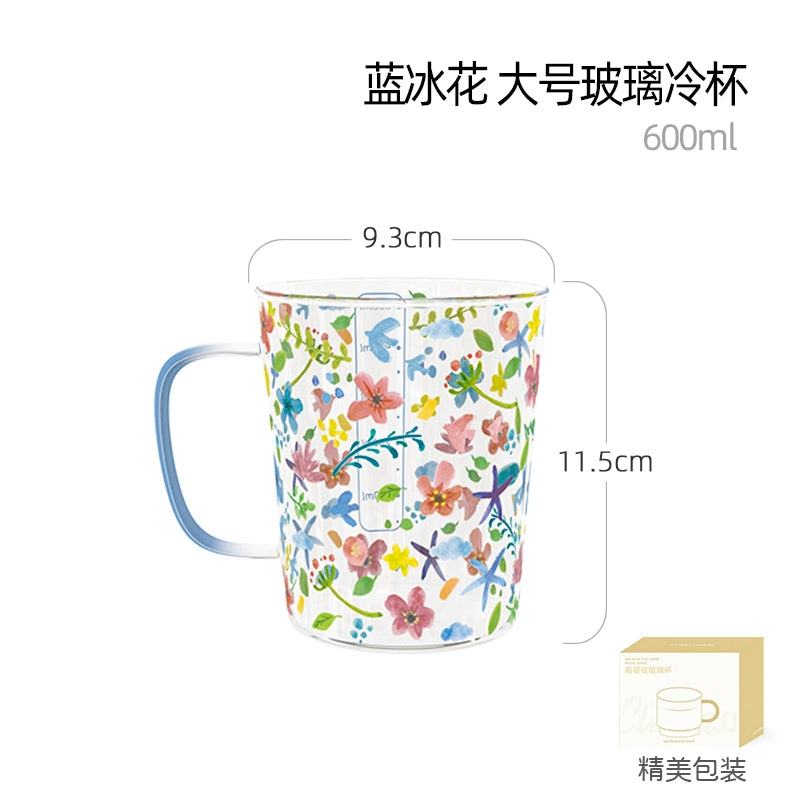 Xibiler Flowers and Plants with Handle Glass Cup with Scale High Temperature Resistant Household Coffee Cup Tea Cup Good-looking Breakfast Cup
