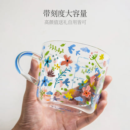 Xibiler Flowers and Plants with Handle Glass Cup with Scale High Temperature Resistant Household Coffee Cup Tea Cup Good-looking Breakfast Cup