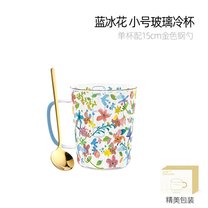 Xibiler Flowers and Plants with Handle Glass Cup with Scale High Temperature Resistant Household Coffee Cup Tea Cup Good-looking Breakfast Cup